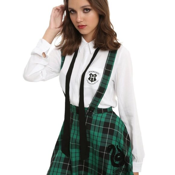 HOT TOPIC Harry Potter Slytherin Plaid Pleated Skirt Suspenders Plus Size 22 - Picture 6 of 6